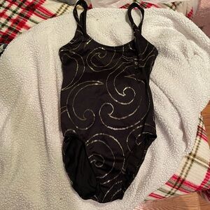 Vintage 90s Mainstream Black and gold Metallic Swirl One-Piece Swimsuit